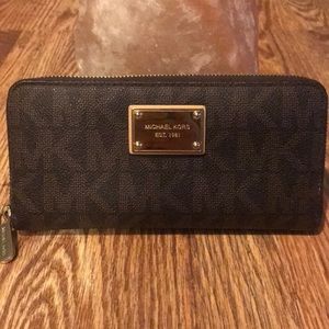 Brown Leather MK Print Wallet